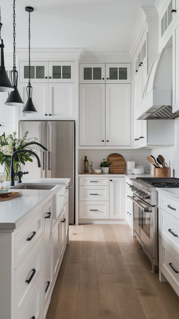 a kitchen with white cabinets and wood flooring is pictured in this image, there are black pendant lights hanging from the ceiling