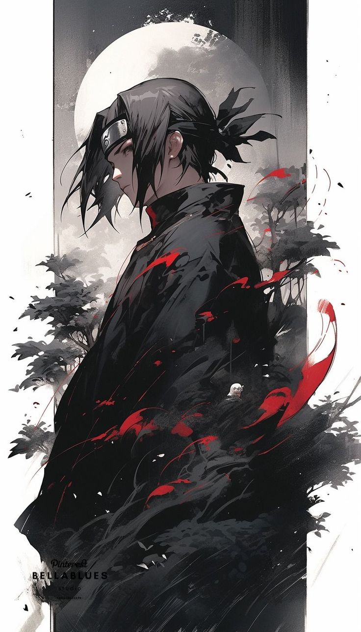 a man standing in front of a full moon with black hair and red blood on his face