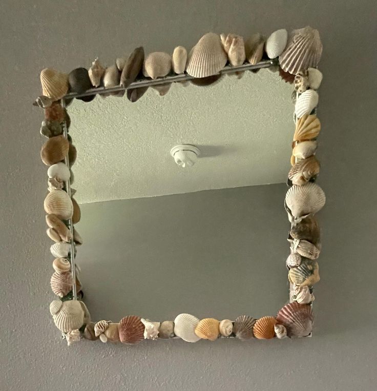 a mirror made out of seashells hangs on the wall