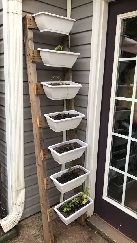 an old ladder is used as a vertical planter for growing plants in pots on the porch