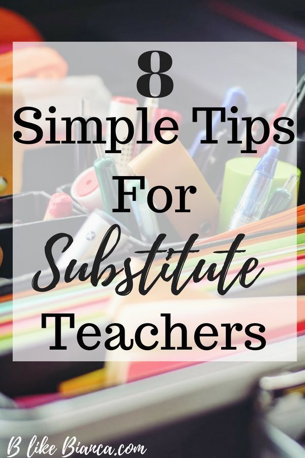 the words 8 simple tips for subsite teachers in front of an image of school supplies