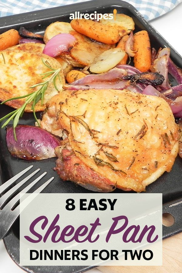 a plate with chicken, potatoes and carrots on it that says 8 easy sheet pan dinners for two