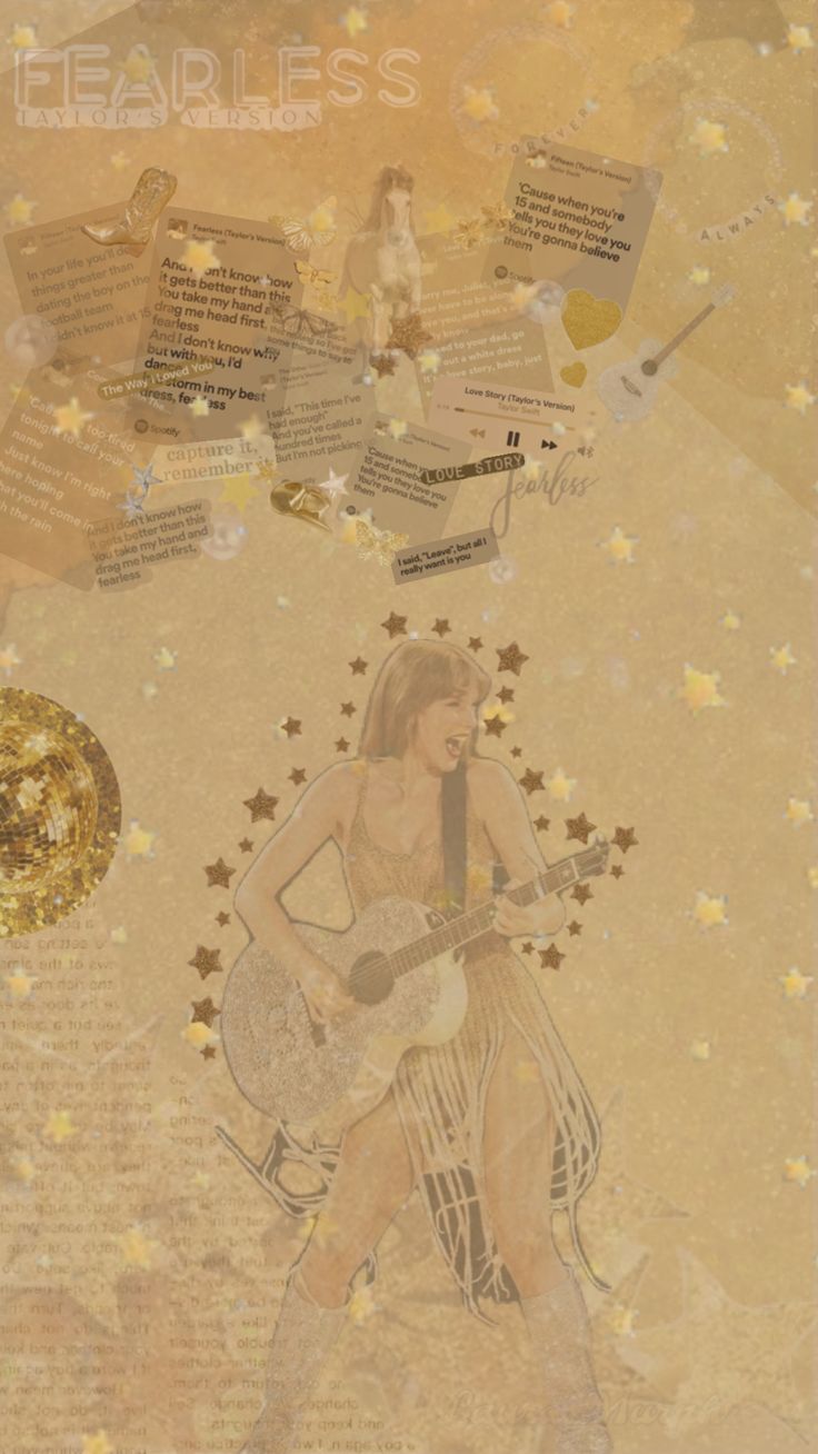 a woman with a guitar is surrounded by words and stars