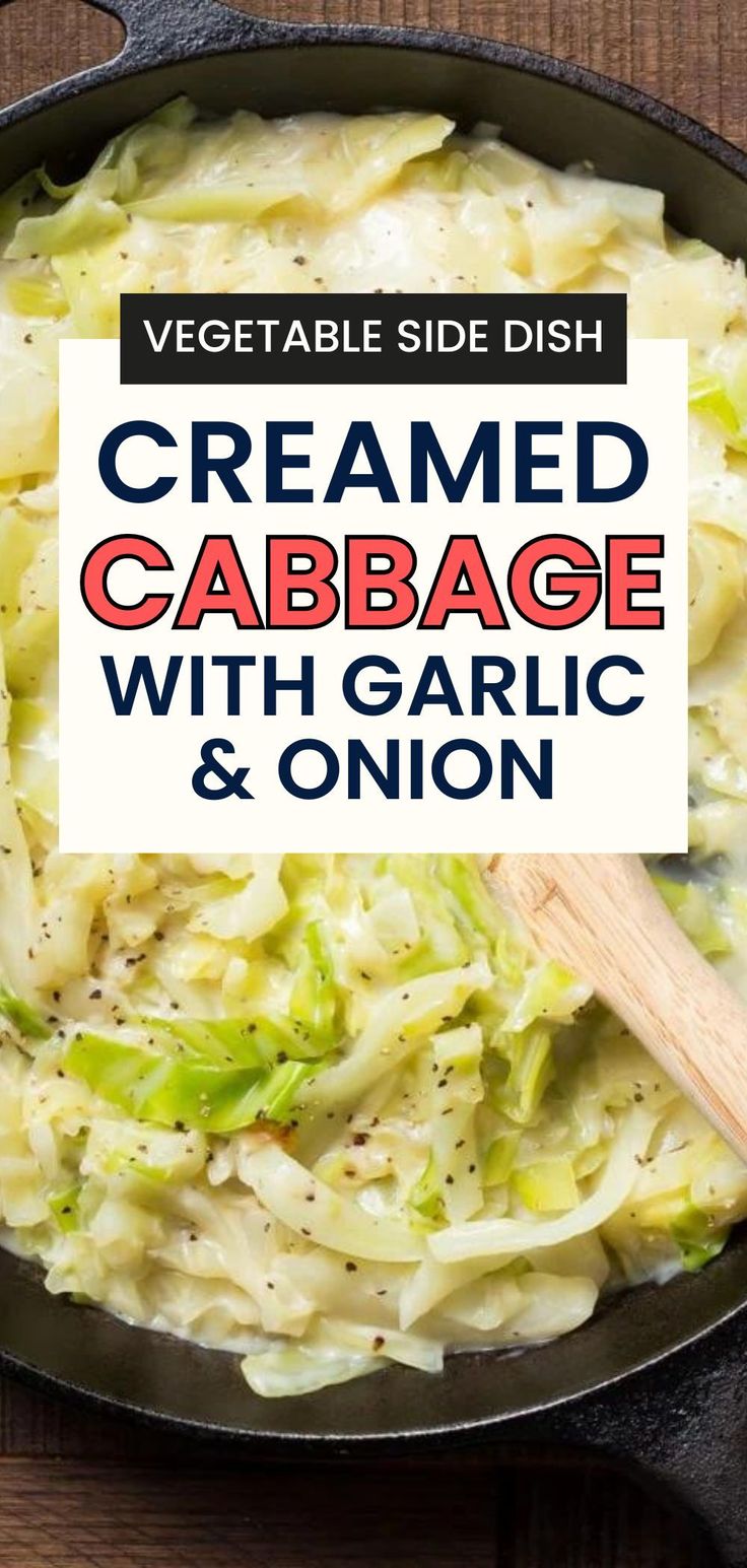 a skillet filled with creamy creamed cabbage