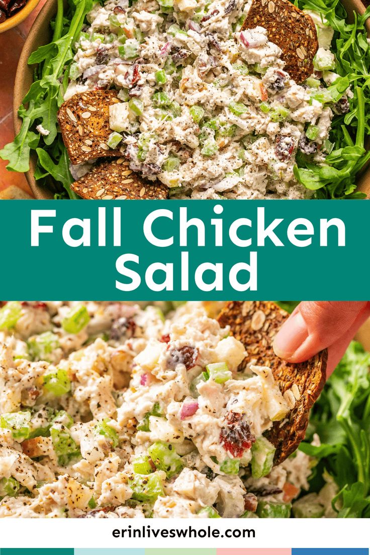 two pictures with the words fall chicken salad on top and bottom, in front of them