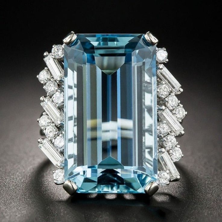 Blue Aquamarine Gemstone Ring Women Engagement Jewelry - Genuine - Gemstone Promise Rings Vintage, Ring Luxury, Blue Sapphire Necklace, Blue Gemstone Rings, Emerald Cut Rings, Aquamarine Engagement Ring, Zircon Jewelry, Aquamarine Jewelry, Aquamarine Ring