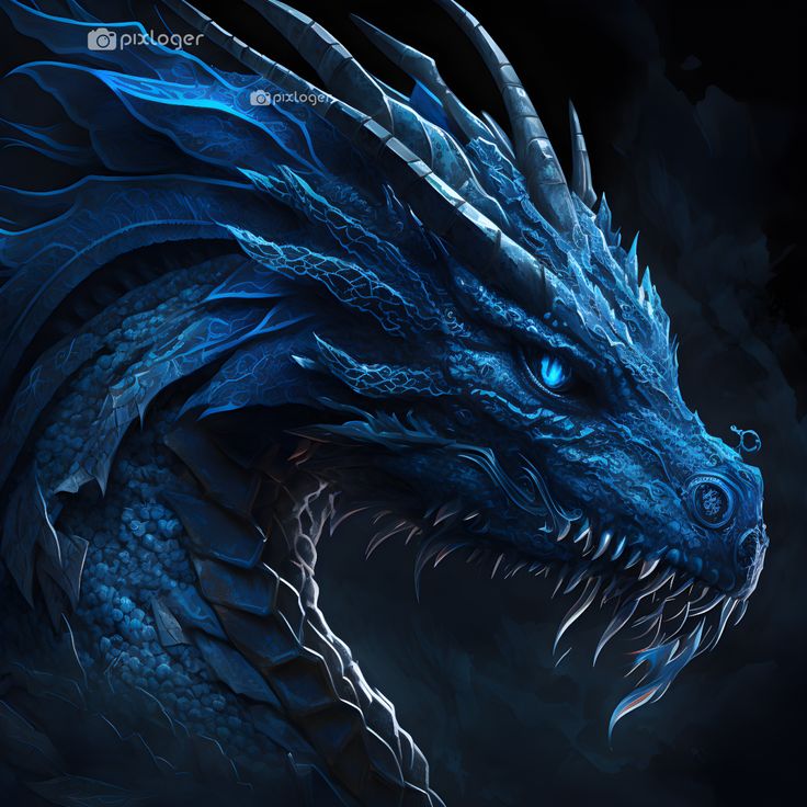 a blue dragon with large, sharp teeth on it's head is shown in the dark