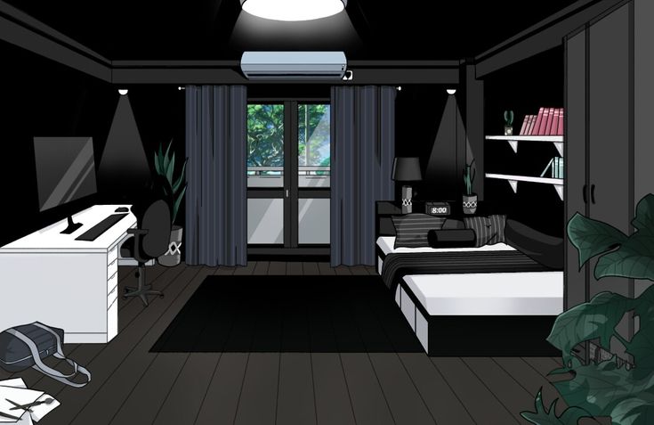 a dark room with two beds and a desk