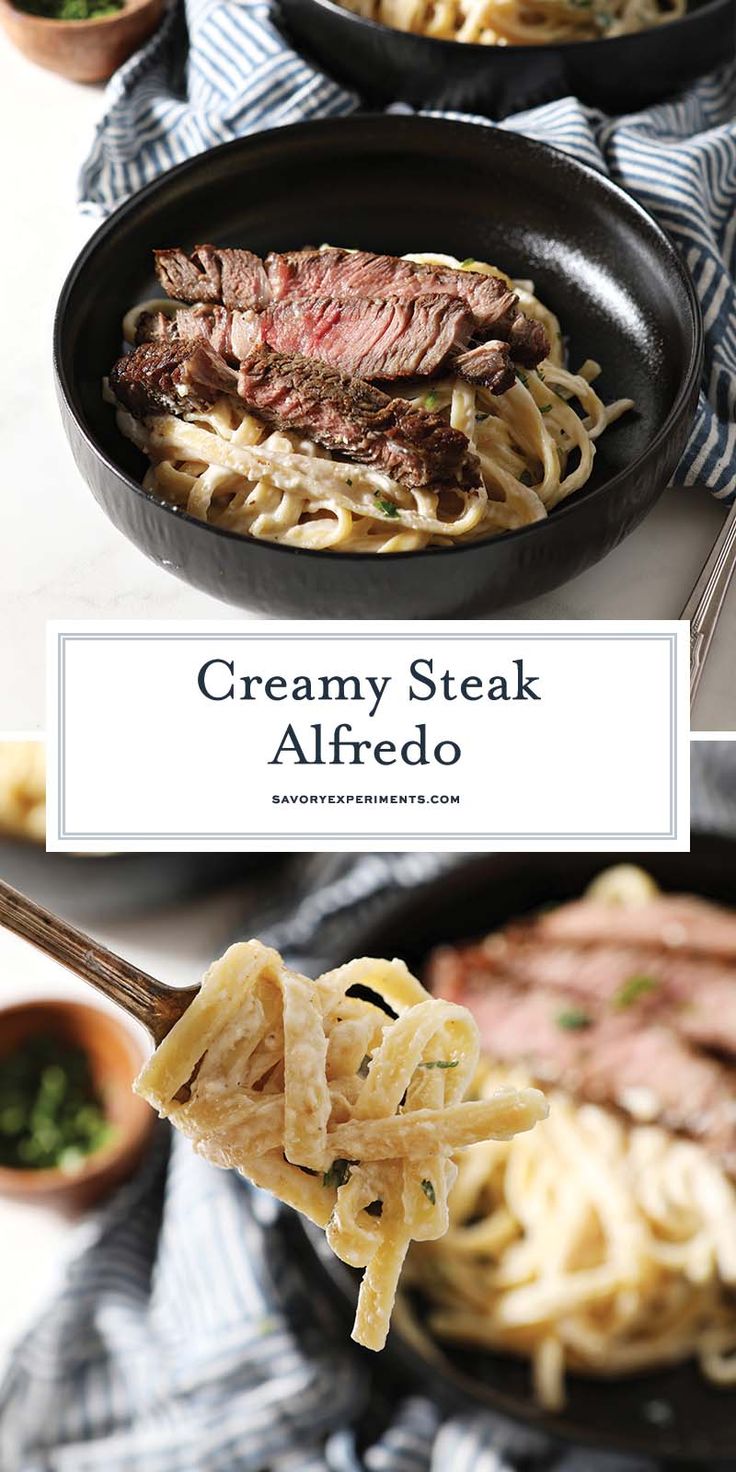 steak and noodles in a skillet with text overlay that reads creamy steak alfredo