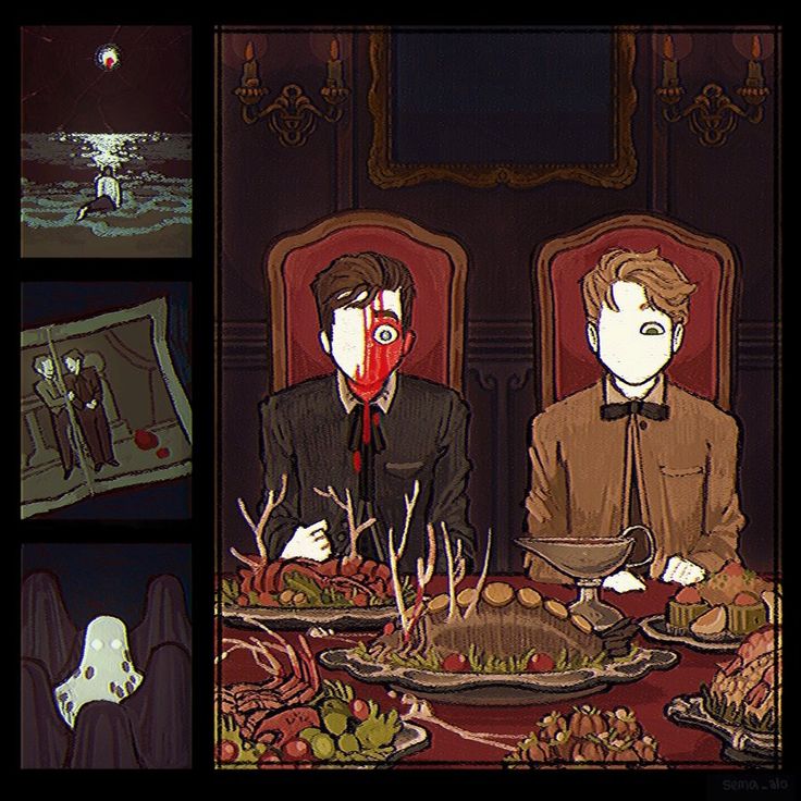 two people sitting at a table with food in front of them and ghost behind them