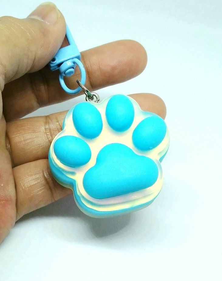 a hand holding a blue and white dog paw keychain