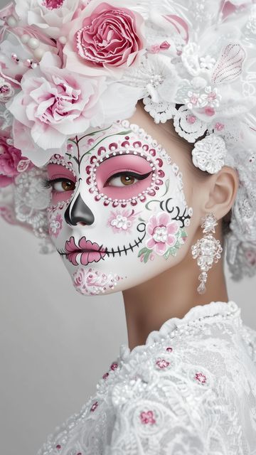 Kids Sugar Skull Makeup, Glam Sugar Skull Makeup, Dia Los Muertos Makeup, Dia De Los Muertos Makeup Ideas, Folklorico Makeup, Pink Dia De Los Muertos Makeup Ideas, Dia Del Muerto Make Up, Colorful Sugar Skull Makeup, Candy Skull Makeup