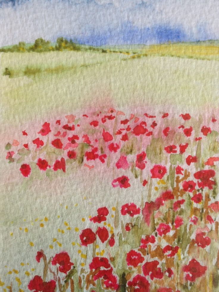 watercolor painting of red flowers in a field