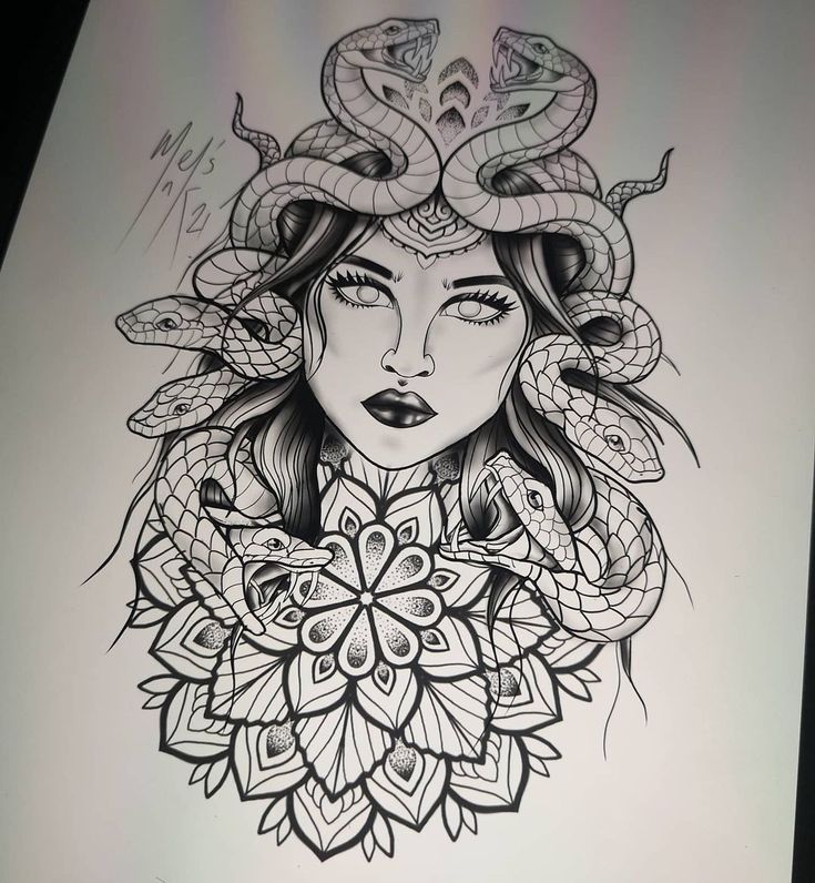 a drawing of a woman's face with snakes on her head and flowers around her neck