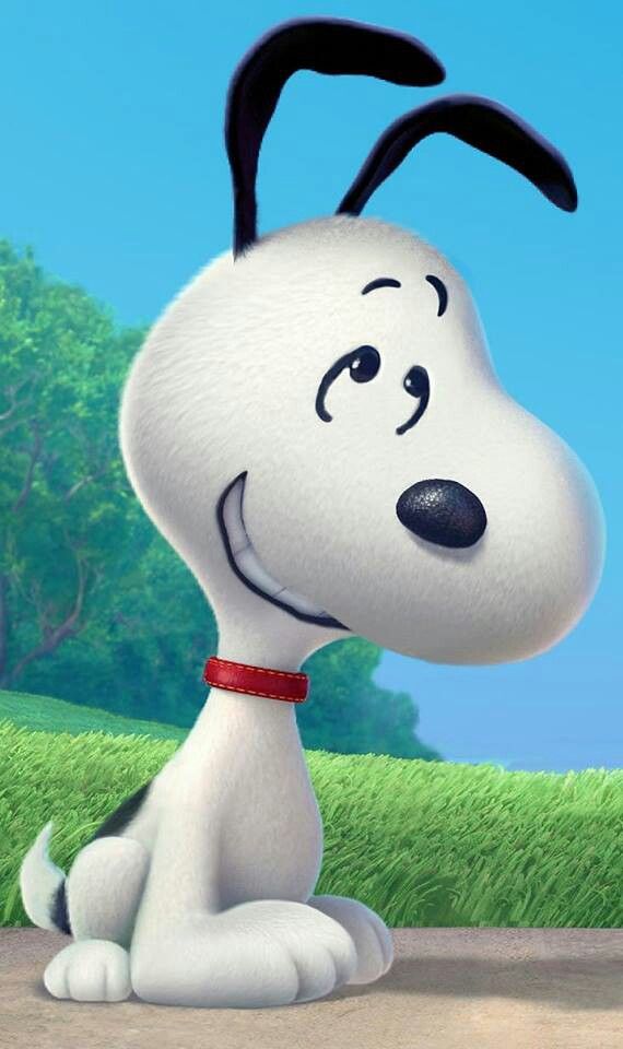 a cartoon dog sitting on the ground in front of some green grass and blue sky