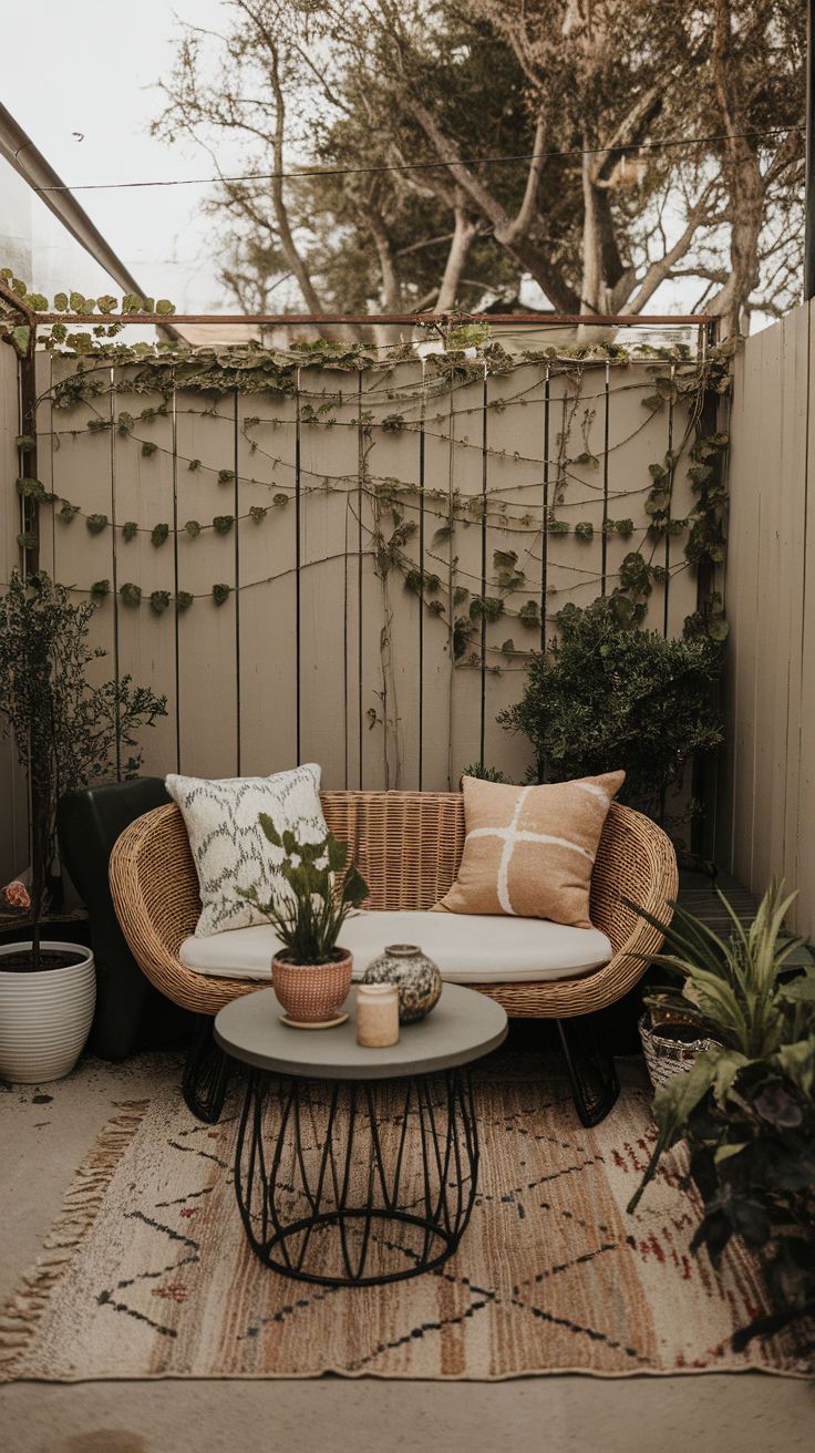 a couch and coffee table in a small patio area with plants on the side wall