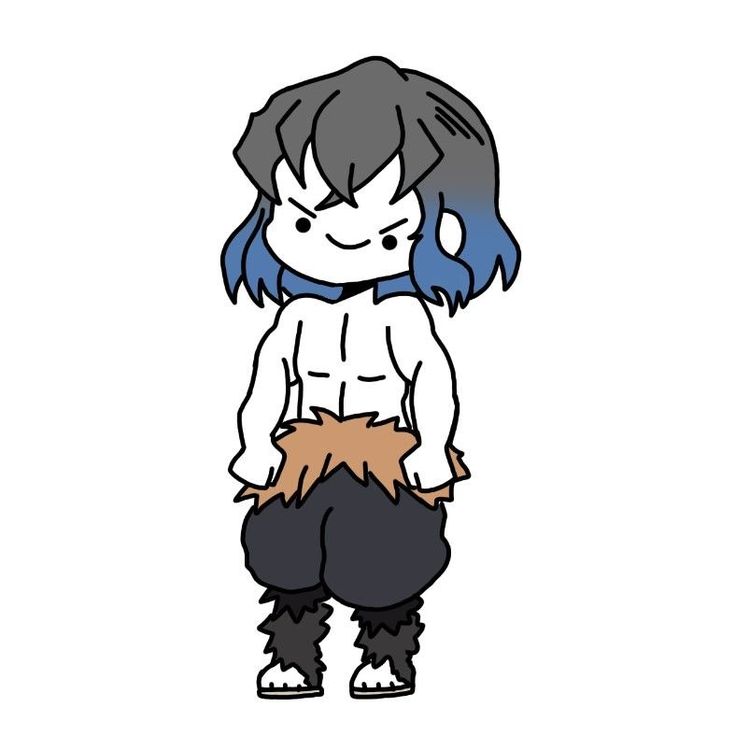 a drawing of a girl with blue hair and black pants, standing in front of a white background