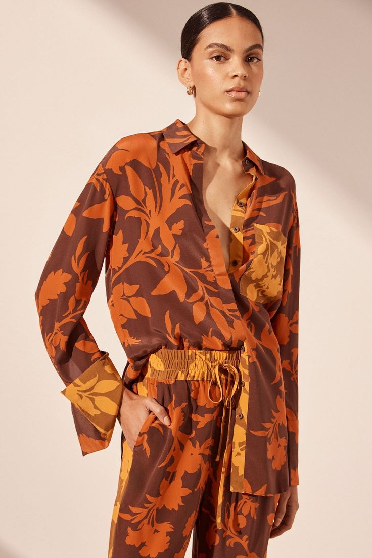 Ari Silk Contrast Relaxed Shirt | Burnt Orange/ Multi | Tops | Shona Joy – Shona Joy International Multi Top, Shona Joy, Silk Crepe, Shirt Collar, Body Measurements, Silk Satin, Burnt Orange, Button Down Shirt, Perfect Fit