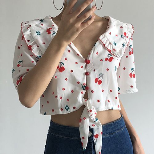 Mini Skirts Outfits Summer, Indie Outfit Inspo, Cherry Blouse, Fe Clothing, Fashion Tops Blouse, Pretty Blouses, Kawaii Dress, Cherry Print, Mood Board Fashion