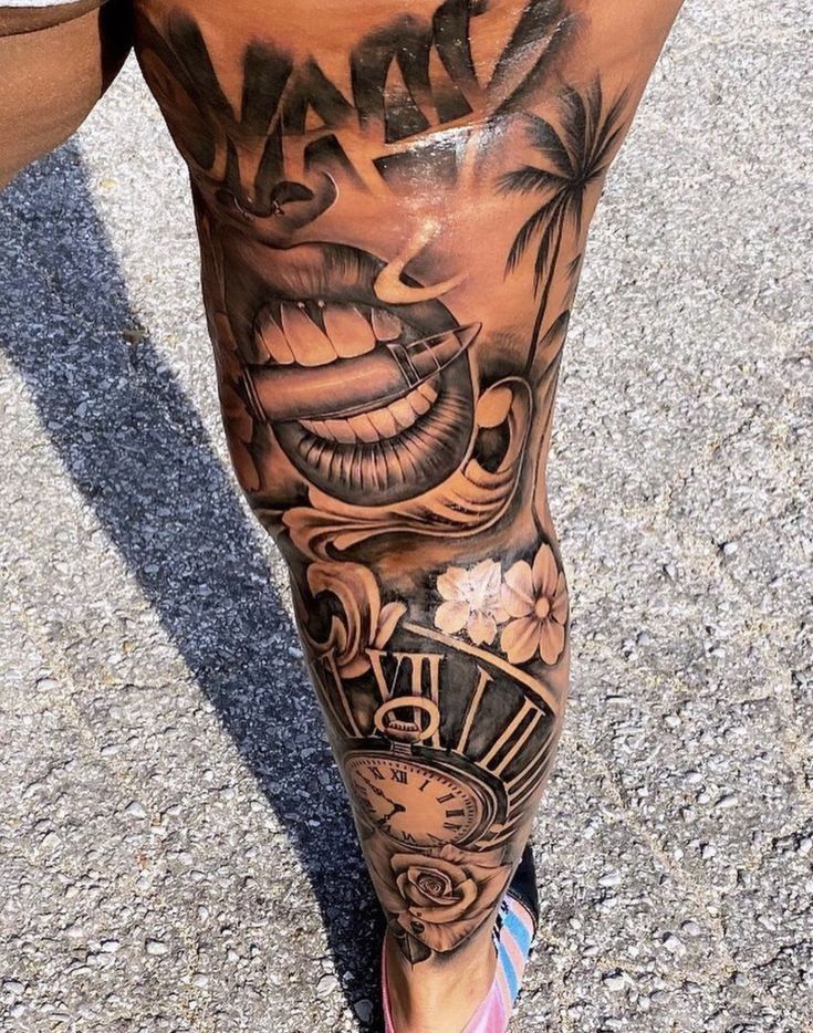 a man's leg with tattoos on it and the words time is money in front of him