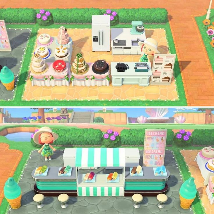 two pictures of the same food cart in animal crossing town, one with an ice cream shop and another with donuts