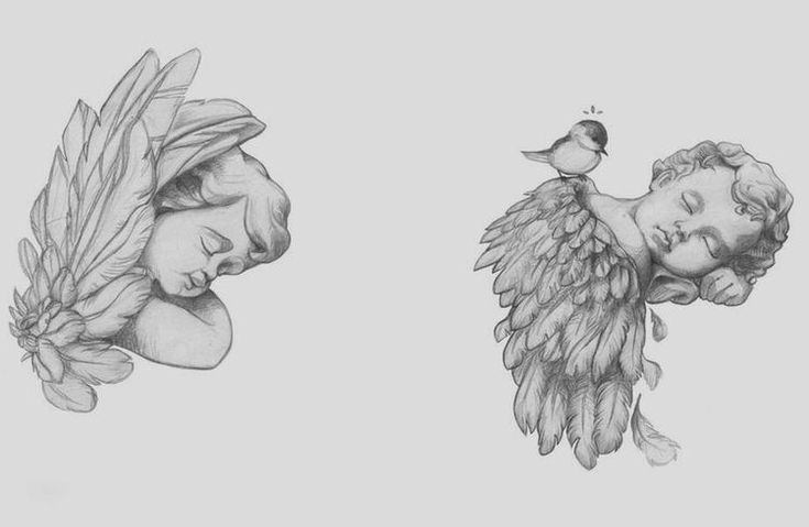 two drawings of angels with wings and a bird