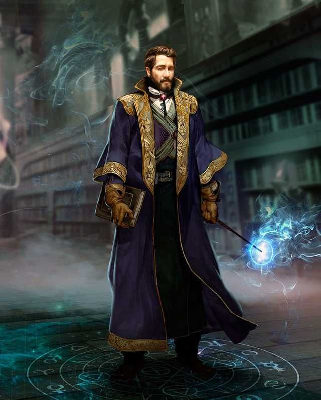 a man in a long purple coat holding a wand and standing on a city street