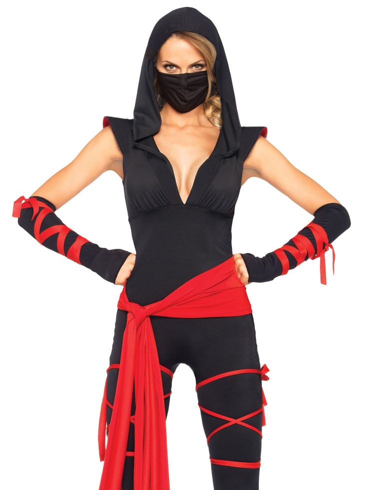 Leg Avenue Deadly Ninja Easy Last Minute Halloween Costumes, Black Ninja, Catsuit Costume, Ninja Outfit, Leg Wraps, Halloween Costume Ideas For Women, Hands On Hips, Waist Sash, Halloween Costumes College