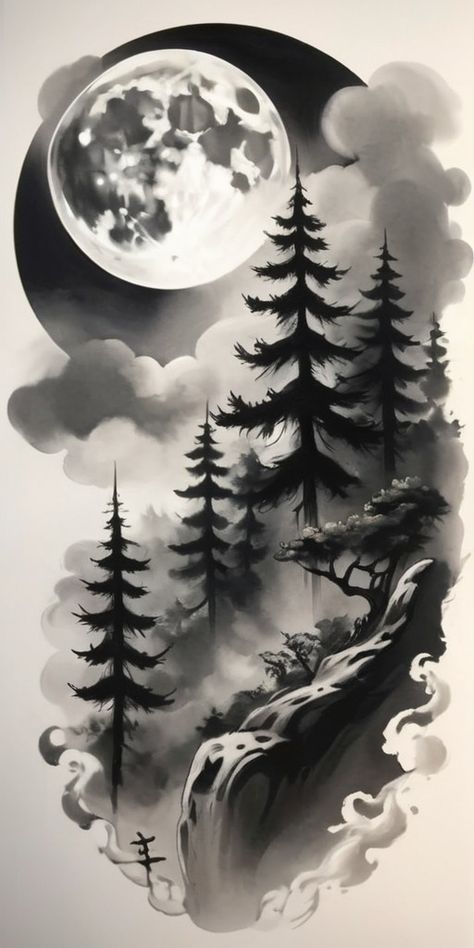 an ink drawing of trees and the moon