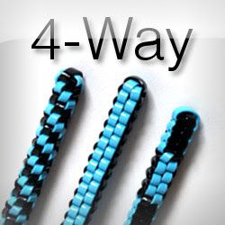 four pieces of blue and black beads with the words 4 - way written on them