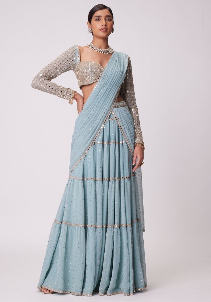 Powder Blue Tiered Saree With Embroidered Full Sleeves Blouse Vvani by Vani Vats - Fabilicious Fashion Full Sleeves Blouse, Tiered Lehenga, Vani Vats, Full Sleeve Blouse, Mirror Embroidery, Indian Wedding Wear, Lehenga Saree, New Fashion Trends, Georgette Sarees