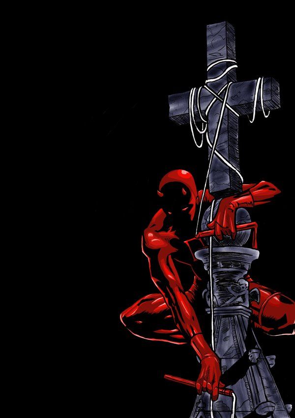 a red and black drawing of a man kneeling down next to a cross on a black background