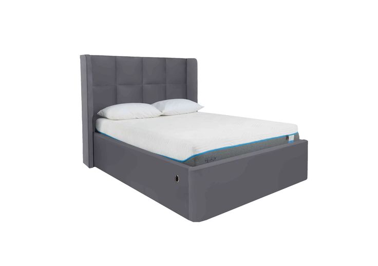 an image of a bed with mattress and headboard in grey color on white background