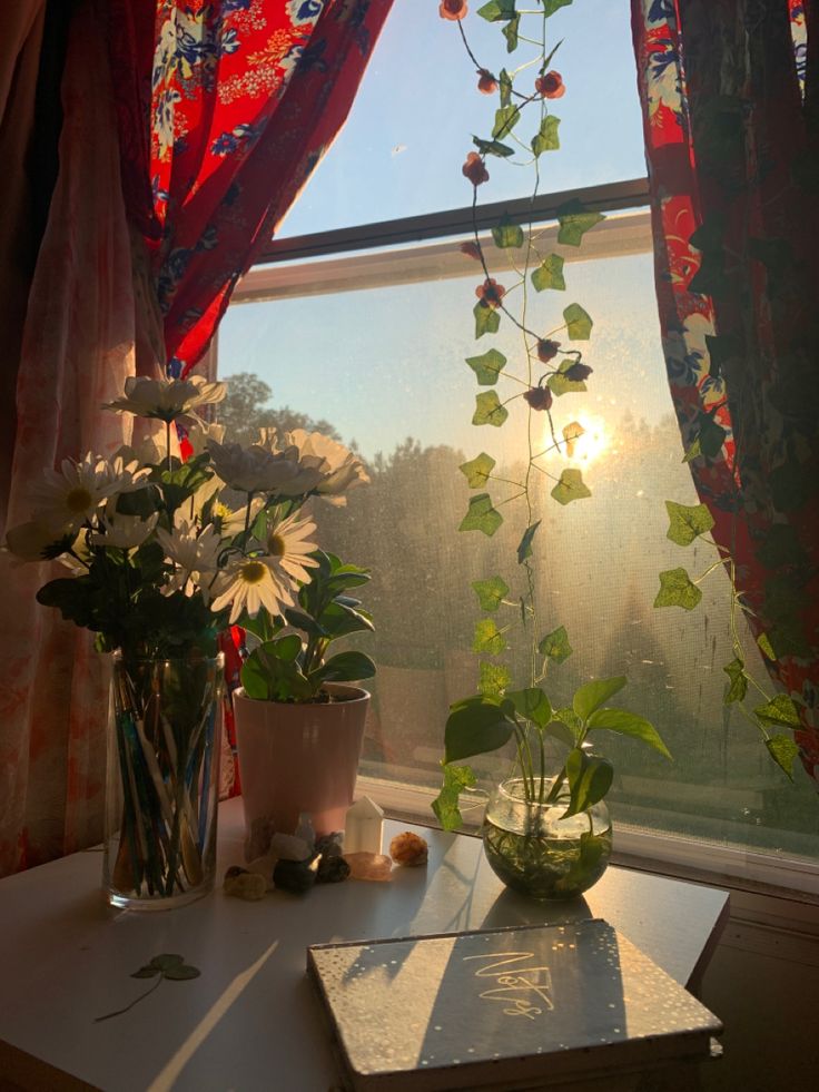 the sun shines through the window behind two vases with flowers on a table