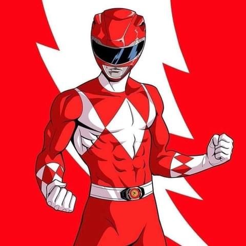 a red ranger standing in front of a red and white background with lightning bolt on it