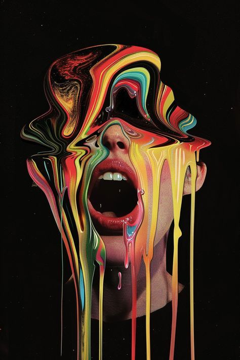 a woman's face is covered in multicolored liquid dripping from her mouth