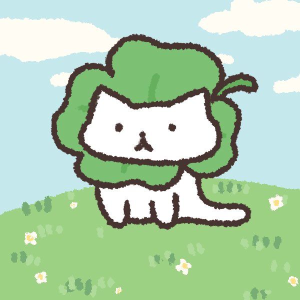 a drawing of a cat sitting on top of a grass covered hill with flowers and clouds in the background