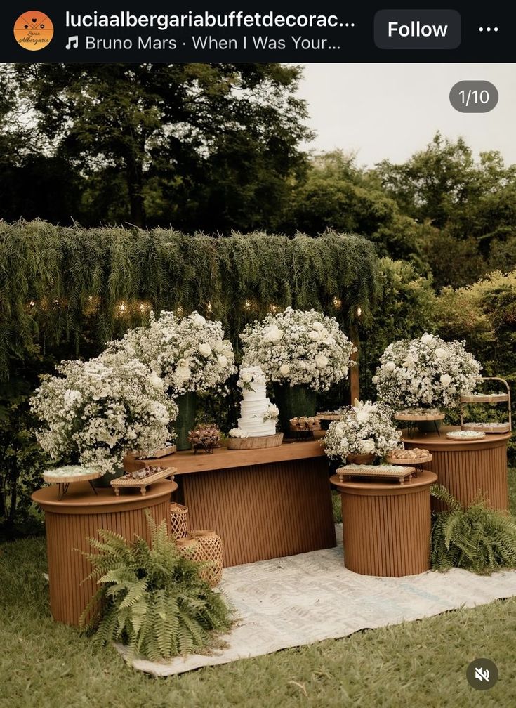 there are many potted plants on the ground in front of a table with flowers