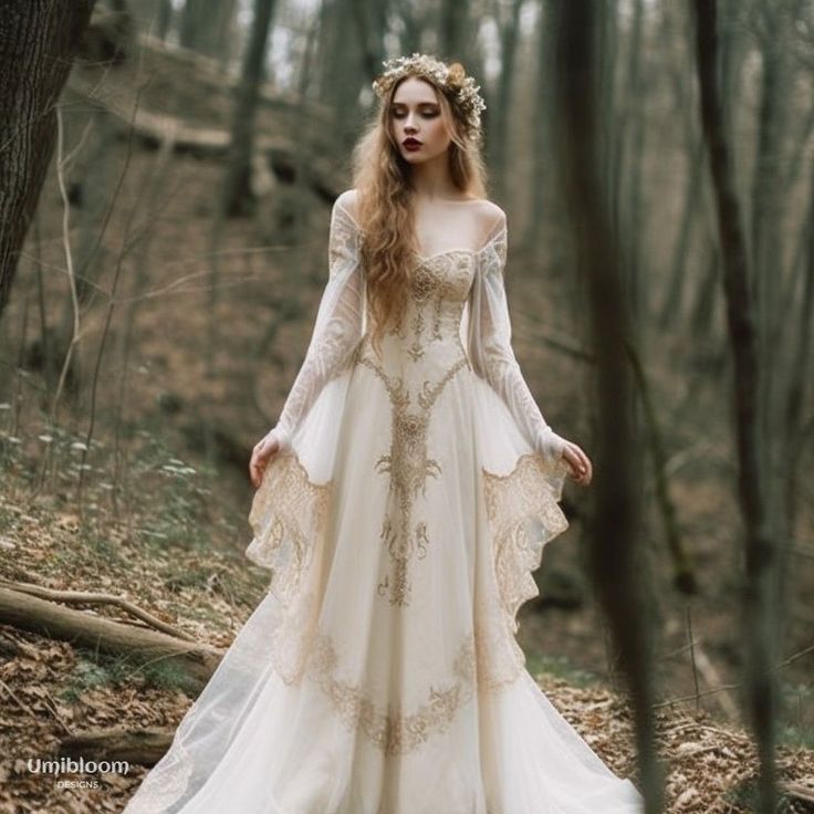 Elven fairy dress made for inspiration with ai elvendress fairydress forestcore forestwedding celtic weddingdress Long Sleeve Elven Wedding Dress, Ivory Medieval Dress, Renesance Wedding Dress, Ren Fair Wedding Dress, Fairy Wedding Dresses Woodland, Fantasy Fairy Wedding Dress, Emma Fantasy Dress, Modern Elvish Outfits, Midevil Style Wedding Dress