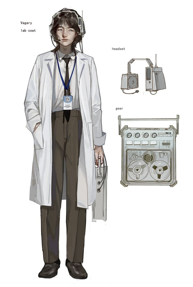 a man in a lab coat standing next to an old fashioned radio and headphones