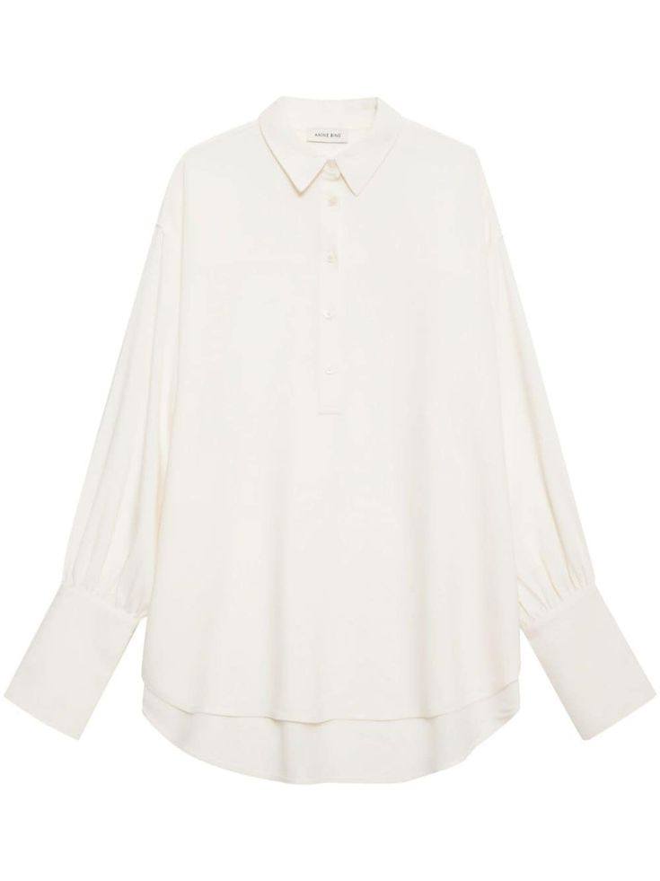 ivory white classic collar front button fastening drop shoulder long sleeves buttoned cuffs high-low hem White Collared Blouse For Fall, White Blouse With Concealed Placket And Fold-down Collar, White Long Sleeve Top With Concealed Placket, Chic Long Sleeve Shirt With Button Cuffs, Oversized Long Sleeve Tops For Formal Occasions, Classic Oversized Tops With Collared Neckline, Chic Long Sleeve Top With Placket, Timeless Long Sleeve Shirt With Placket, White Blouse With Button Cuffs And Fold Down Collar