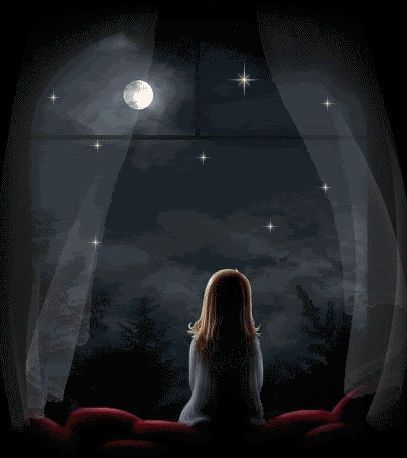 a woman sitting in front of a window looking out at the night sky and stars