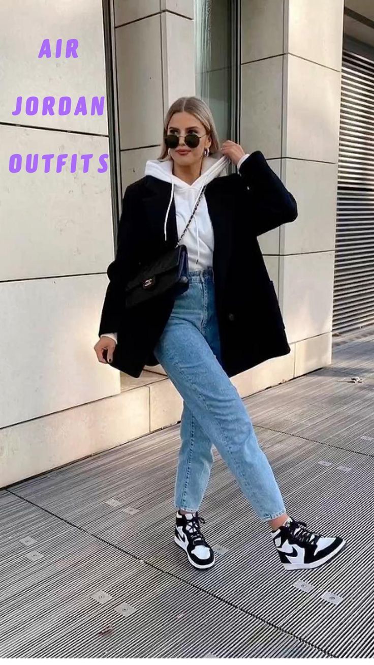 Style Airforce 1 Women Outfit, Airforce 1 Outfit Women Winter, Womens Nike Air Force 1 High Tops Outfit, High Top Pandas Outfits, Chic Jordan Outfit, High Top Jordans Outfit Sneakers Women, Panda High Dunks Outfit Women, Outfits For Women With Jordans, Airforce 1 Outfit Women Casual Winter