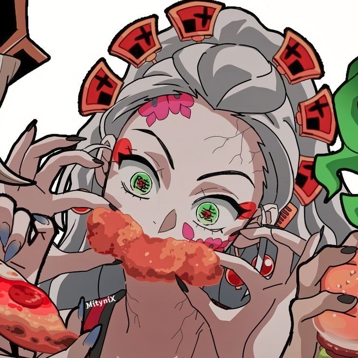 an animated image of a woman eating pizza and holding up her hands to her face