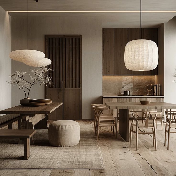 a dining room and kitchen area with wooden flooring, white lanterns hanging from the ceiling