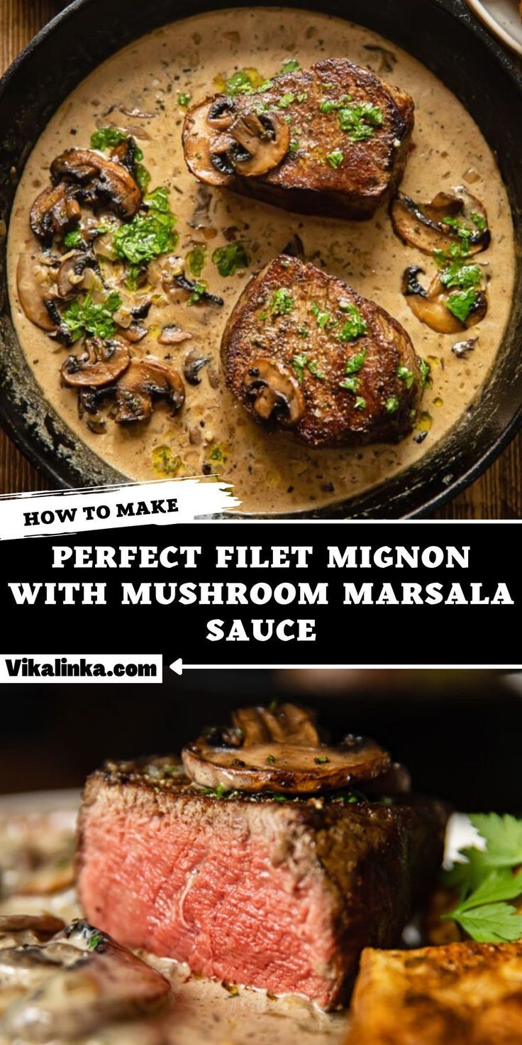 steak with mushrooms and mushroom sauce in a skillet