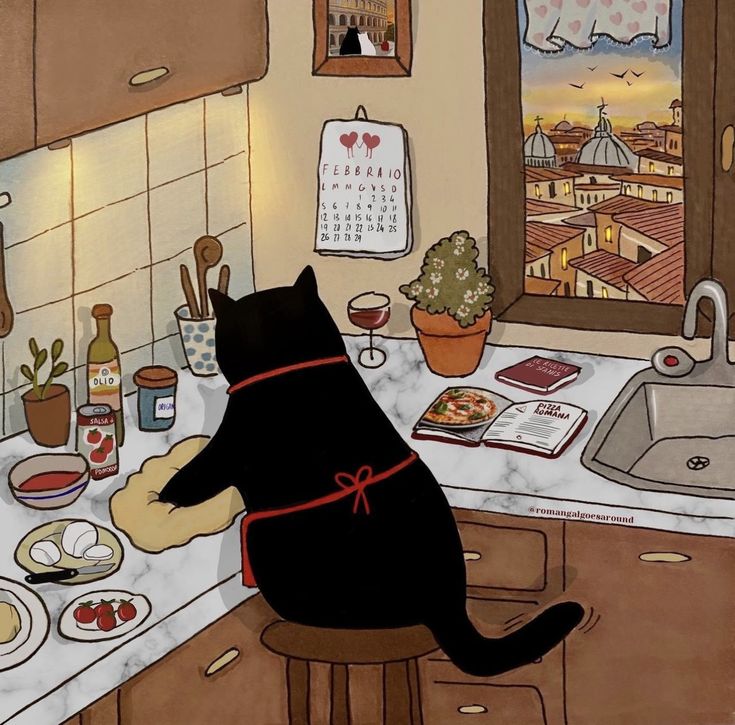 a black cat sitting on top of a stool in a kitchen next to a sink