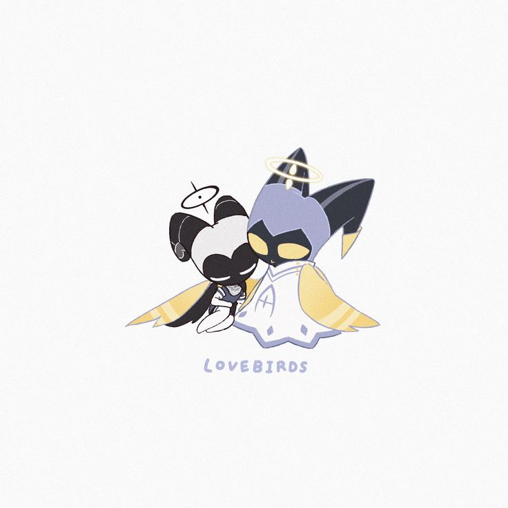 two cartoon characters are hugging each other in front of a white background with the word lovebirds on it