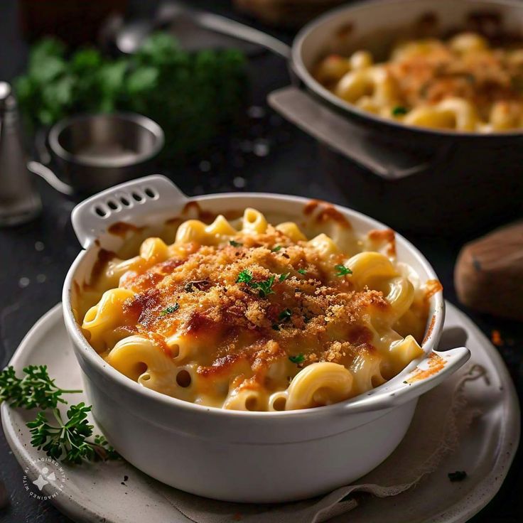 two bowls filled with macaroni and cheese on top of a table next to utensils