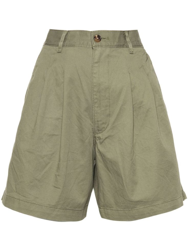 deep lichen green cotton-lyocell blend twill weave pleat detailing to the front dart detailing to the rear logo patch to the rear high-waisted thigh-length two side inset pockets two rear button-fastening pockets unlined belt loops zip fly fastening front button fastening High-waisted Khaki Shorts For Work, Summer Cotton Bermuda Shorts With Belt Loops, Green Wide-leg Shorts With Pockets, Green Wide Leg Shorts With Pockets, Khaki Cotton Shorts With Belt Loops, Classic Wide Leg Cotton Shorts, Casual Khaki Shorts For Work, Khaki Shorts For Workwear In Spring, Classic High Waist Cotton Shorts